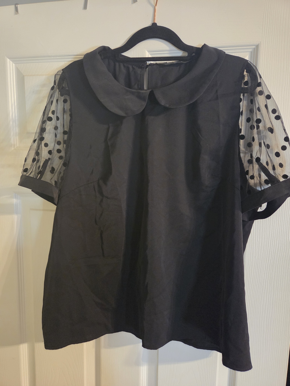 NWT Allegra K Black Peter Pan Collar Top with Sheer Polka Dot Sleeves
